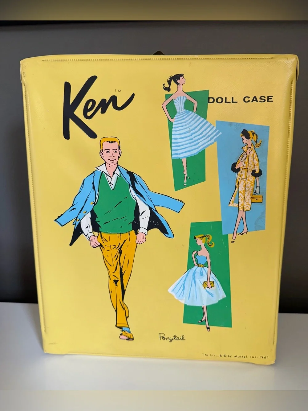 1961 Ken Doll Yellow Vinyl Carrying Case 2 Blue Drawers Ponytail Barbie *MINTY*